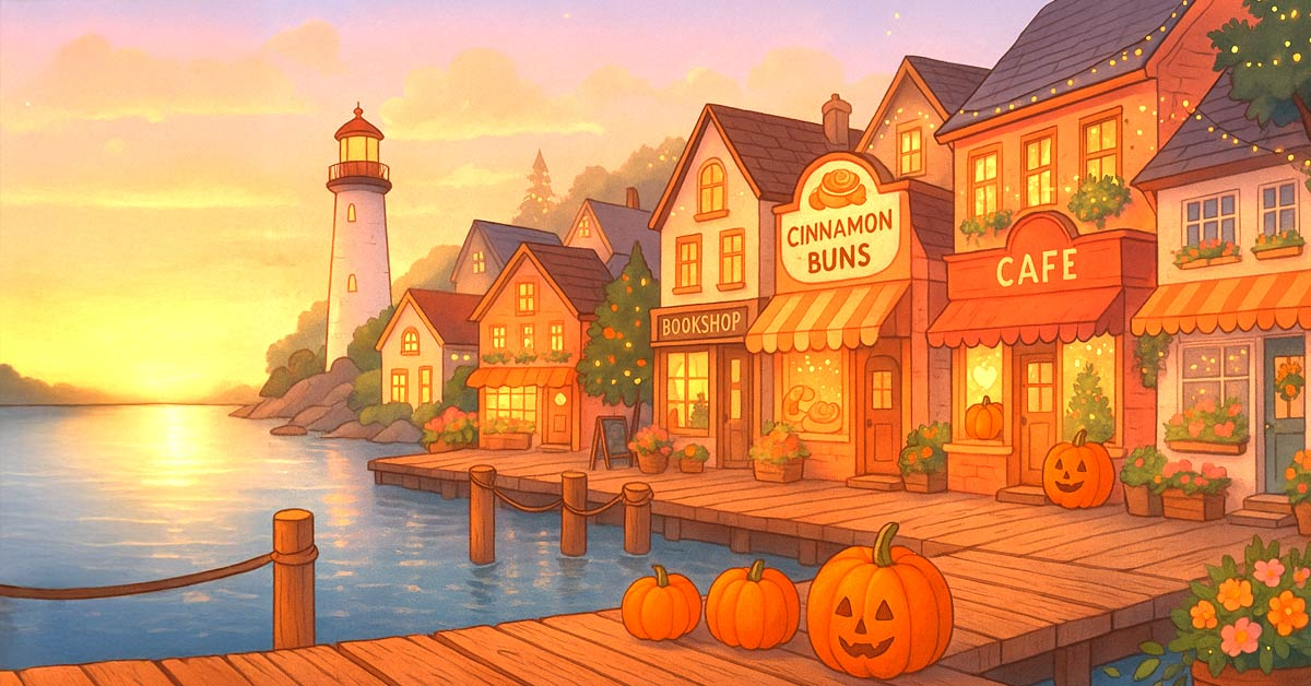 Dream Harbor seaside town illustration with café and bookshop