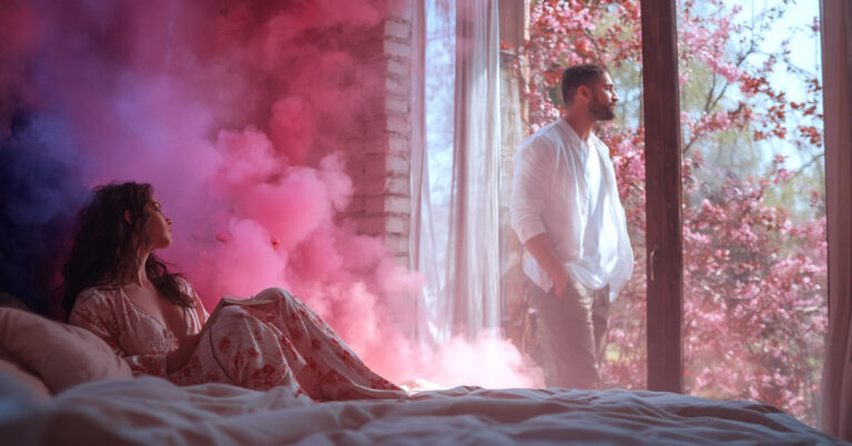 A cozy indoor scene with a woman reading on a bed surrounded by swirls of pink and blue smoke, while a man looks out a large window at blooming spring trees.