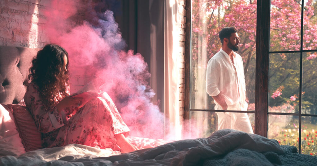 A cozy indoor scene with a woman reading on a bed surrounded by swirls of pink and blue smoke, while a man looks out a large window at blooming spring trees.
