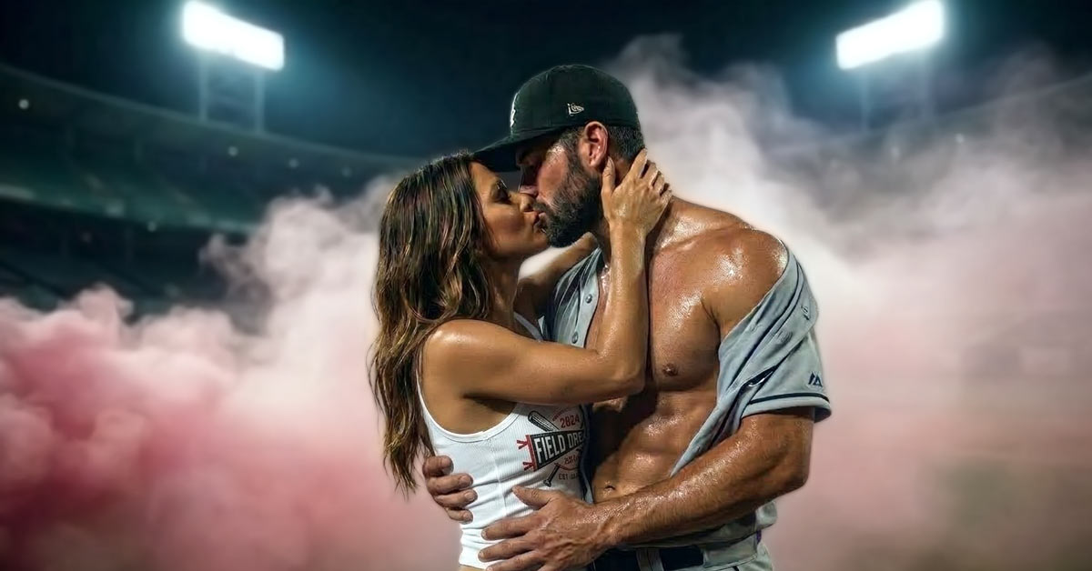 Steamy baseball romance aesthetic: A rugged, sweaty MLB pitcher in a grey Chicago uniform shares a passionate, intimate kiss with his partner on a home plate at night. The scene is filled with moody pink smoke, glowing stadium lights, and high-heat BookTok vibes.