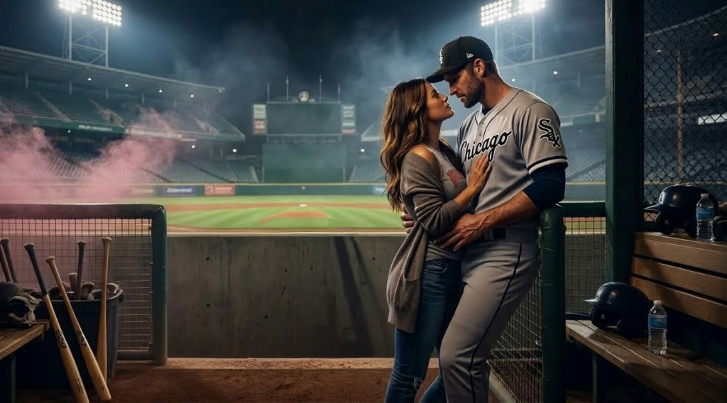 Steamy baseball romance aesthetic: A rugged, sweaty MLB pitcher in a grey Chicago uniform shares a passionate, intimate kiss with his partner on a home plate at night. The scene is filled with moody pink smoke, glowing stadium lights, and high-heat BookTok vibes.